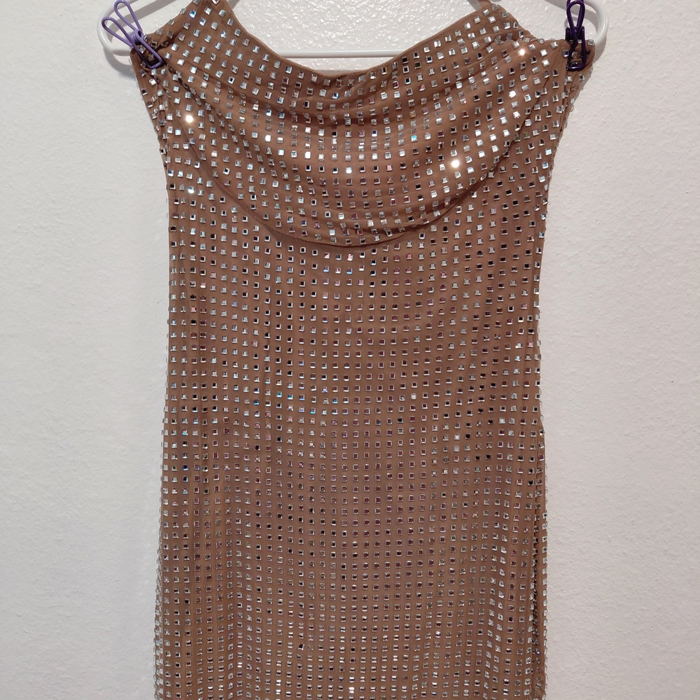 Beige Tan Sequin Square Stud Slip Dress